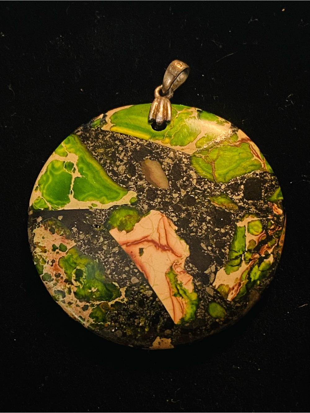 Vintage Sterling 925 Green Sea Sentiment Jasper Pendant Large Circle Aqua Terra